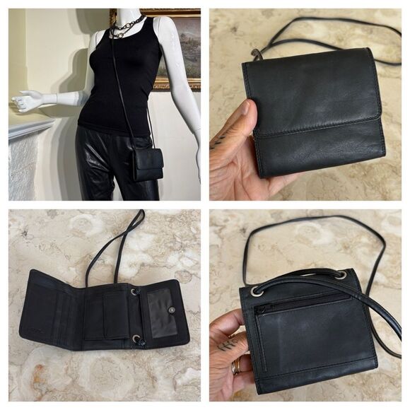 Delane Black Leather Tri-Fold Wallet Crossbody - Picture 1 of 14